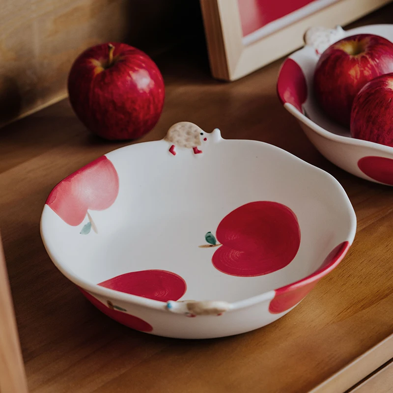 Lovely Hand-painted Embossed Apple Animal Bowl Matte Coarse Terra-Cotta Japanese Underglaze Irregular Ceramic