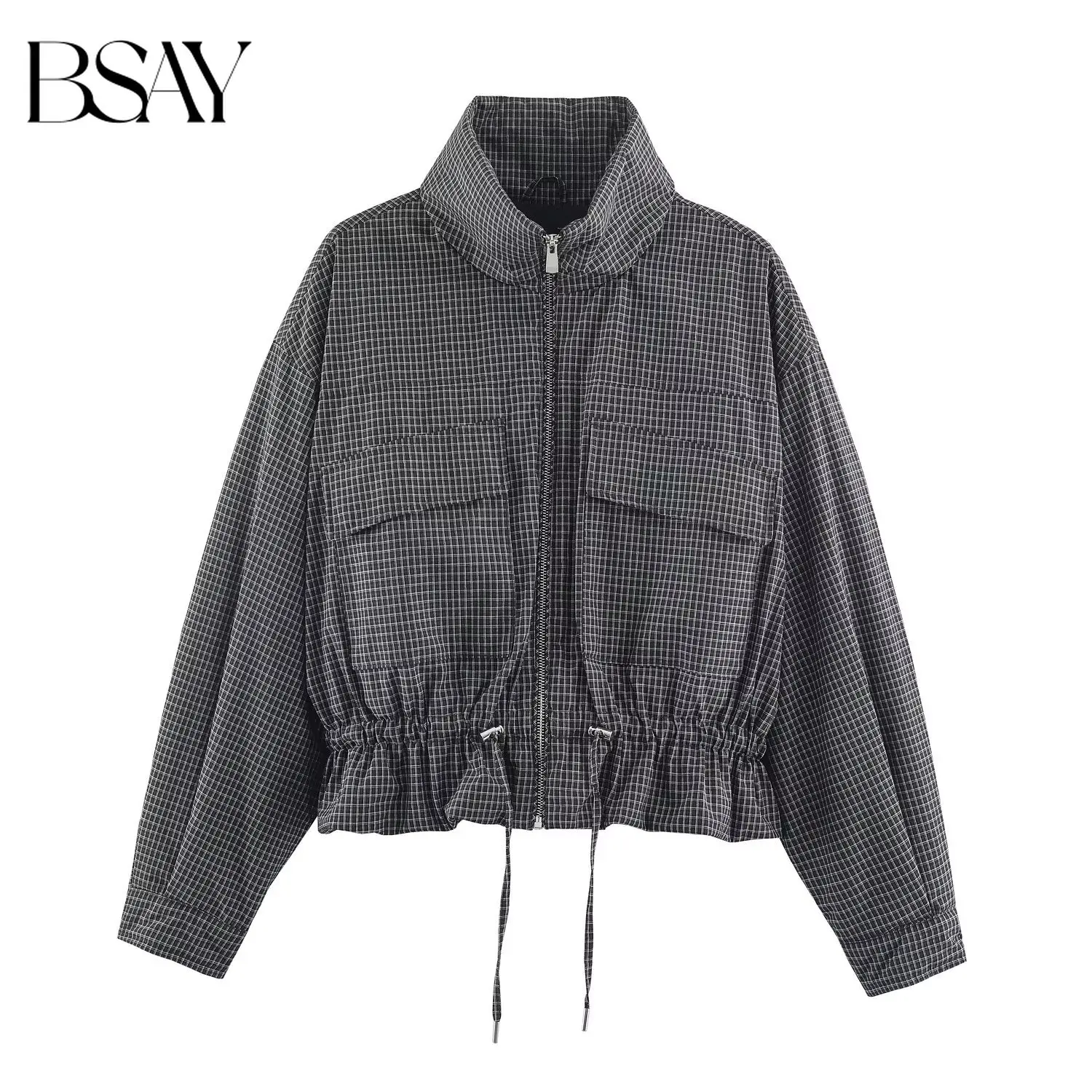 BSAY 2026 Herbst Neue Vintage Entspannte Damen Karierte Stehkragen Wattierte Jacke mit Kordelzug am Saum, überschnittenen Schultern und Reißverschluss.