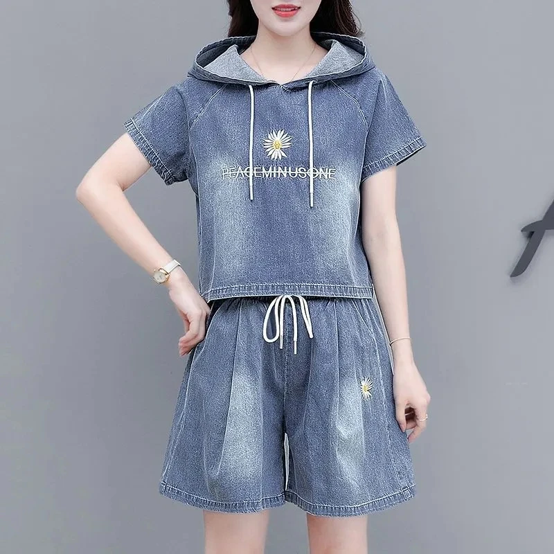 Women Summer Casual Daisy Embroidery Jeans Matching Sets Koran Lady Fashion Hooded Tops Short Pants Two Piece Suits 2024 Outfits