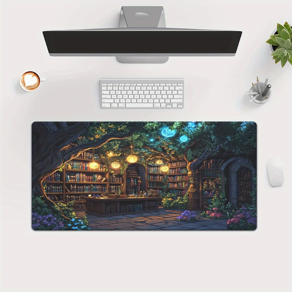 Magic Forest Library XXL Desk Mat Non-Slip Rubber Base Fantasy Bookshelf Mouse Pad