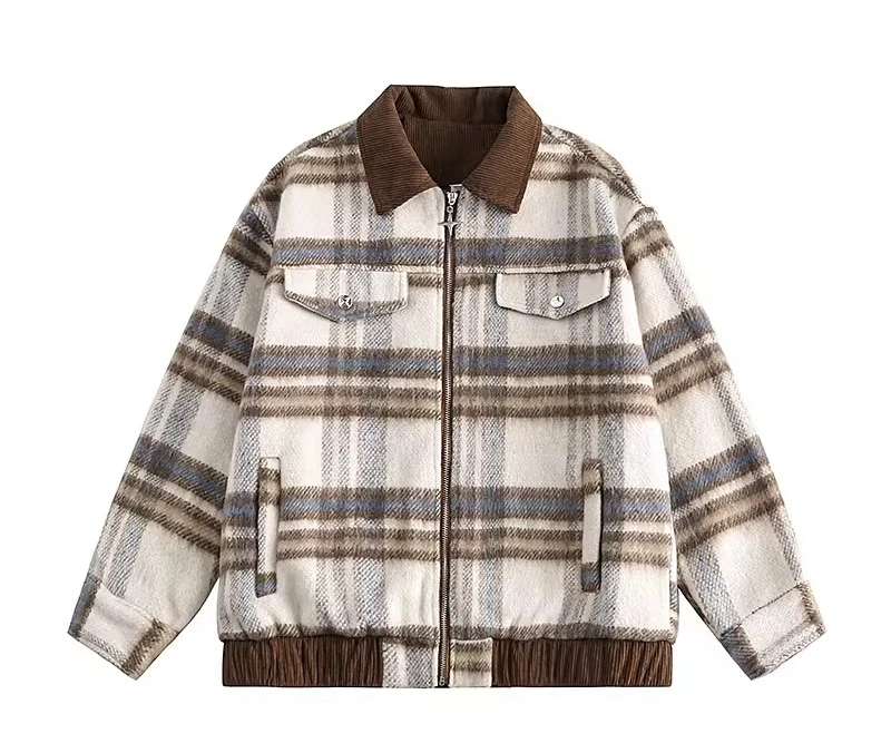 2025 Spring and Autumn New American Retro Plaid Woolen Blazer Women's Loose Korean Style Turn-Down Collar Casual Jacket Top
