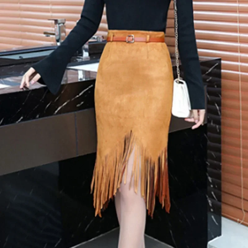 Women\'s Irregular Tassel Skirt High Waist Bodycon Pencil Midi Skirt Office Slim Sexy Suede Skirts For Women Spring Summer C487