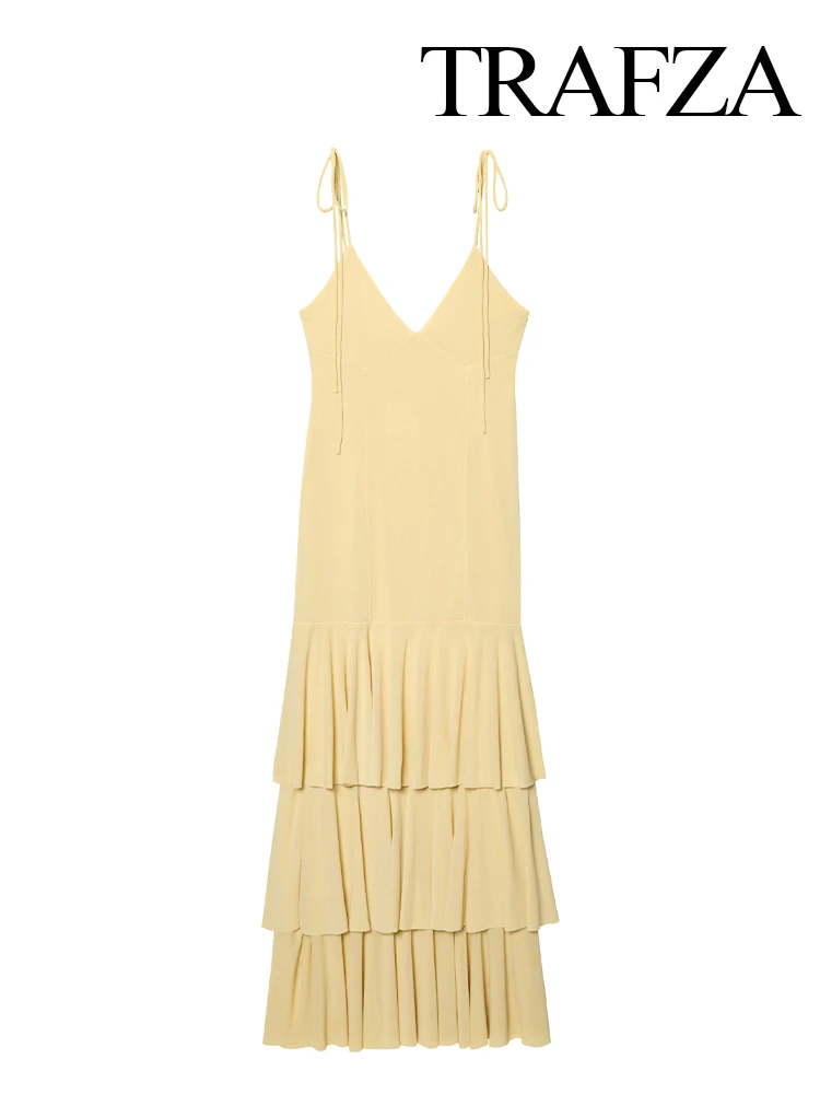 Hh feminino verão nova moda sexy em camadas decoração com decote em v sem mangas midi vestido feminino temperamento fino estilingue vestido longo