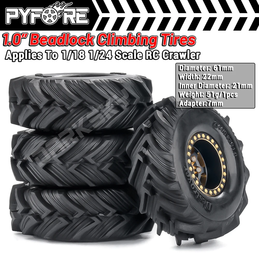 

PYFORE 1.0‘’ Beadlock Climbing Tires Metal Wheel Rim Hub 61x22mm Adapter 7mm for 1/18 1/16 RC Car Crawler Accessories