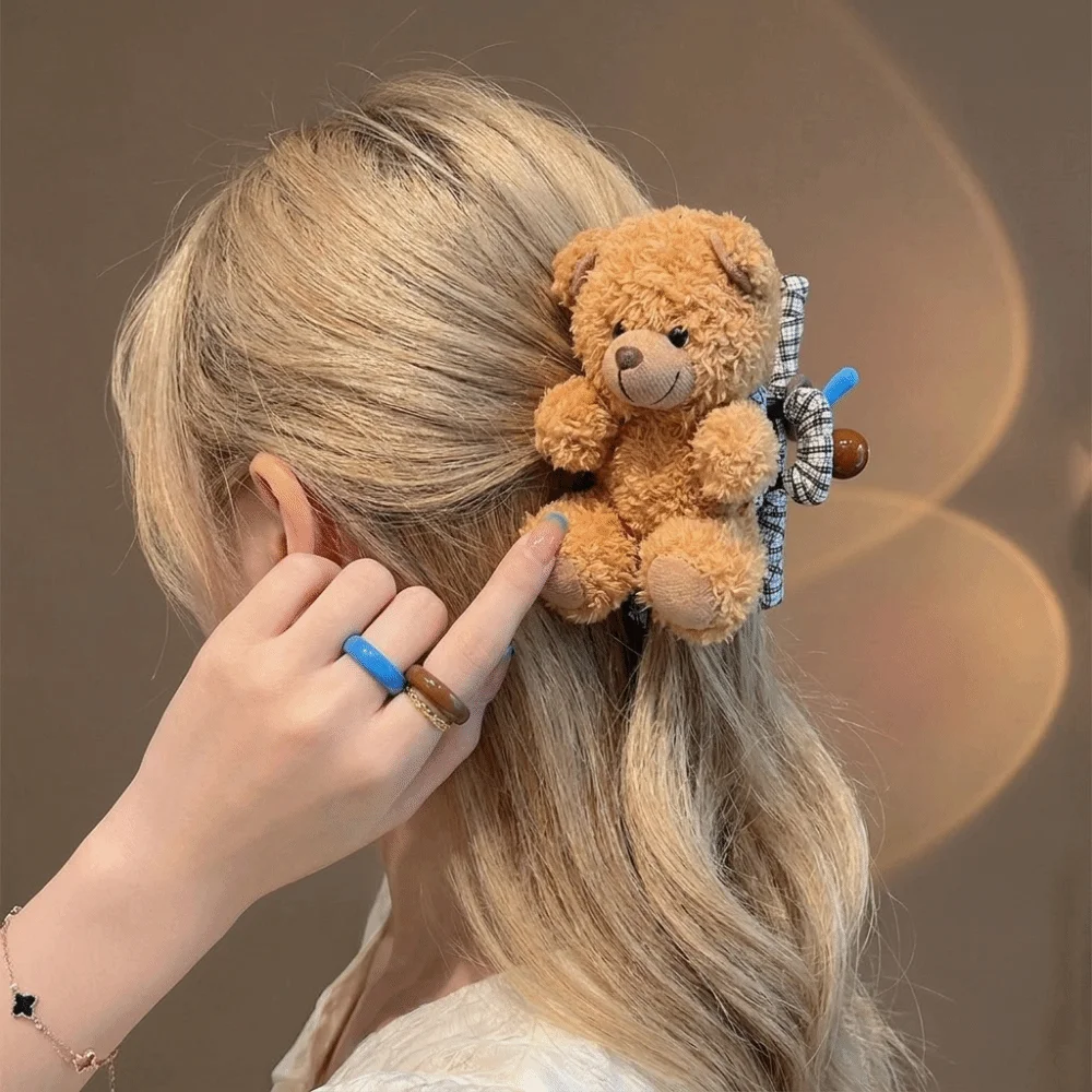 Pink Hair Clip Bear Headband Lace Bow Soft Cartoon Animal Hair Claw Non-slip Texture Lightweight Blue Plaid Scrunchies Makeup