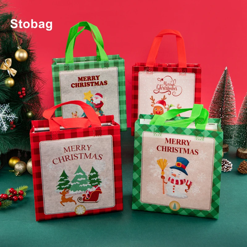 

StoBag 12pcs Marry Christmas Tote Bags Gift Package Fabric Hnadle Santa Claus Home Handmade Kids Party Favors New Year Supplies