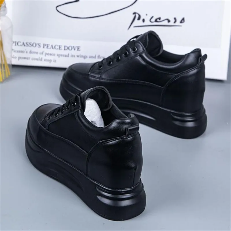 Hidden Heels Women Platform Wedge Sneakers Ladies Leather  White BLACK Shoes Female Tenis Feminino Casual 40