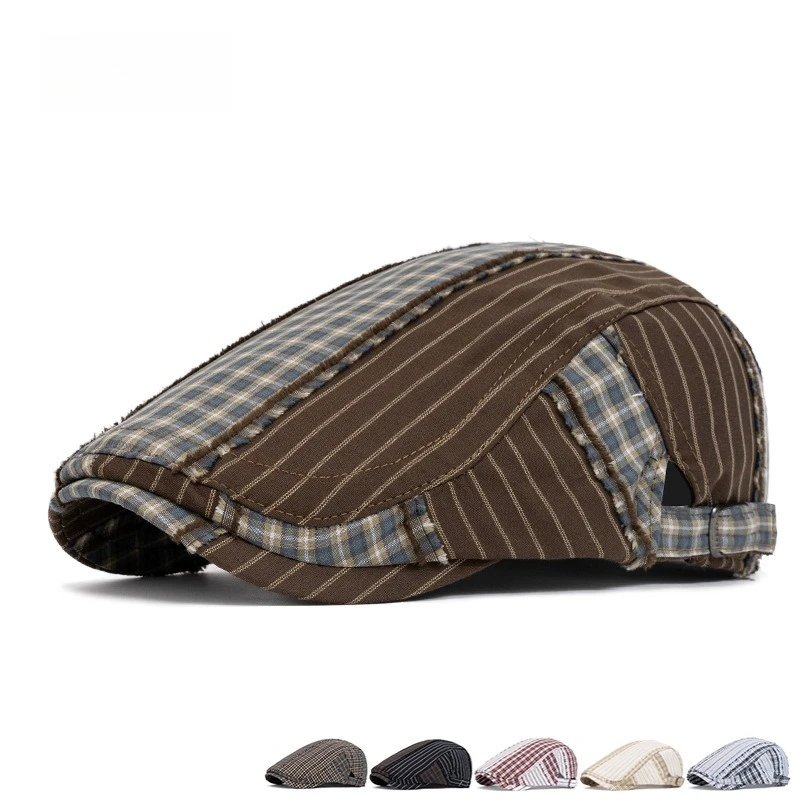 1 Stück Gestreifte Karierte Mütze Retro Britische Ivy Newsboy Kappe Verstellbare Metallschnalle Baskenmütze für Herren Gentleman Tägliche Outdoor-Streetwear