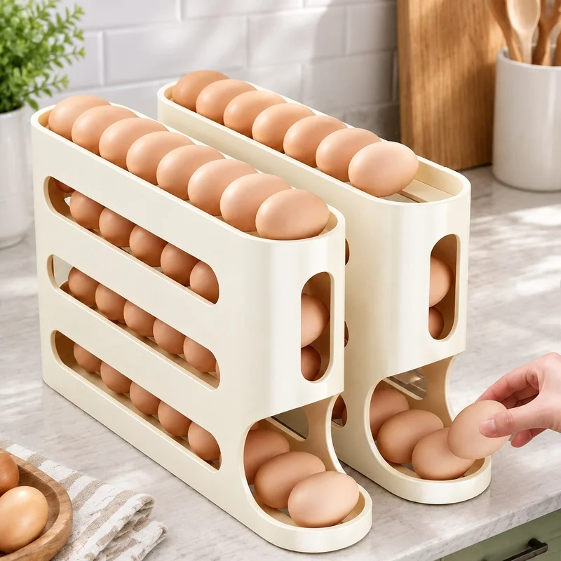 4-Tier Ladder Egg Storage Container for Refrigerator Side Door with Auto-Rolling Design and High Capacity