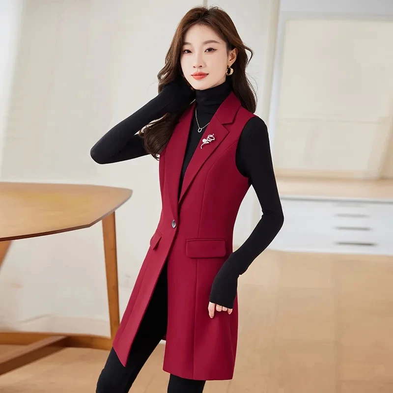 

2025 Spring Autumn Women Blazer Vest Elegant Office Lady Coat Female Waistcoat Casual Suits Sleeveless Jacket Mid Long Outwear