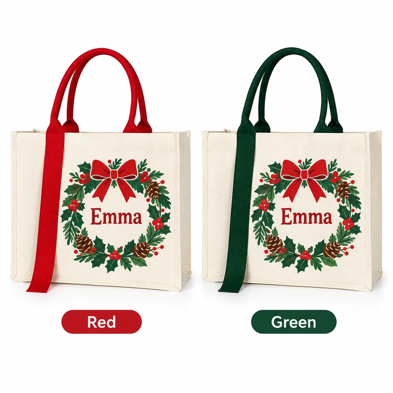 Personalized Custom Canvas Tote Bag 10ps Red Green Ribbon Large Reusable Christmas Gift Carrier Women Kids Family Party Favors