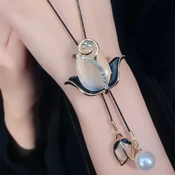 Versatile Sweater Chain Temperament Opal Tulip Decoration Long Necklace Women's Autumn Winter Clothes Pendant Accessories