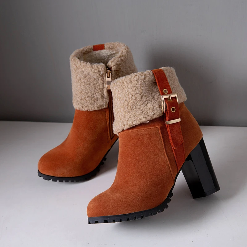 حجم كبير كعب عالي سميك طوق فرو الضأن حزام معدني مشبك قصير التمهيد متجمد قطيع المواد سستة الشتاء حذاء الثلوج عالي الرقبة دافئ