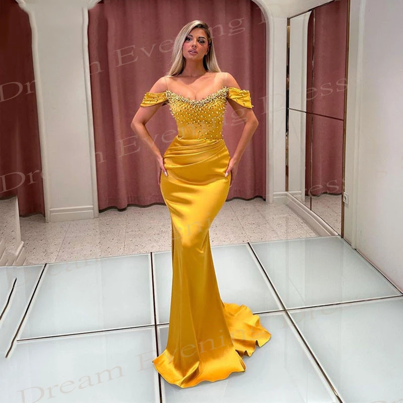 2024 Elegant Yellow Women's Mermaid Generous Evening Dresses Modern Off The Shoulder Sleeveless Prom Gowns Pleated Beaded Abiye