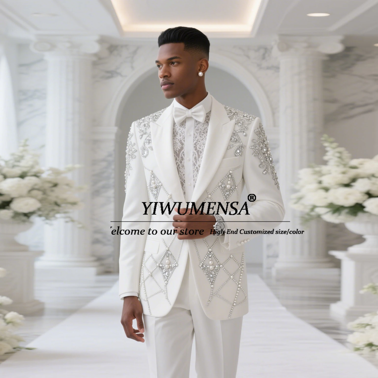 

Jewelry Stones Pearls Men Suits For Wedding Luxury Peaked Lapel Ivory Prom Tuxedos Customized 2 Pieces Groom Evening Party Dress