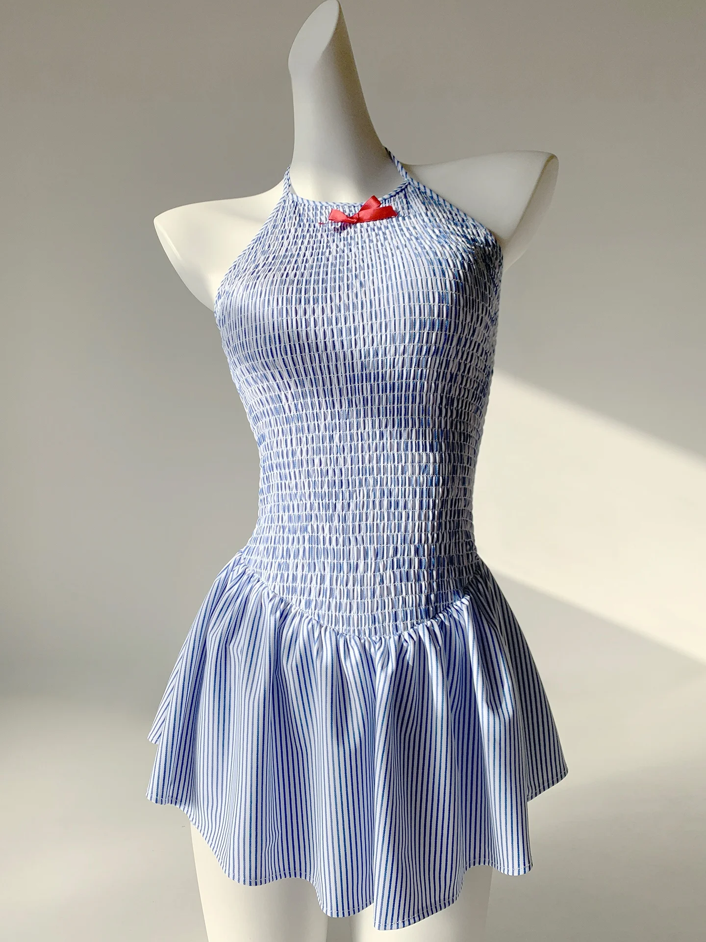 

Женский слитный купальник для термальных источников с высокой эластичностью, сине-белый, в вертикальную полоску, плиссированный, с эффектом похудения