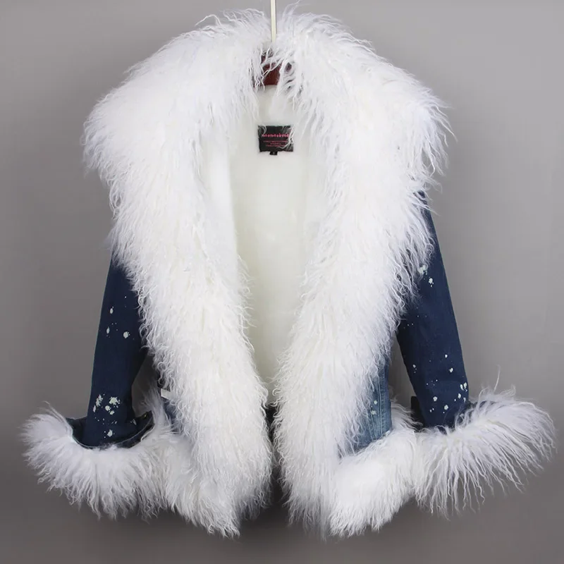 

New Style Winter Casual Warm Fashion Short Fur Jacket Faux Fur Liner with Luxurious Wool Fur Collar Denim Coat