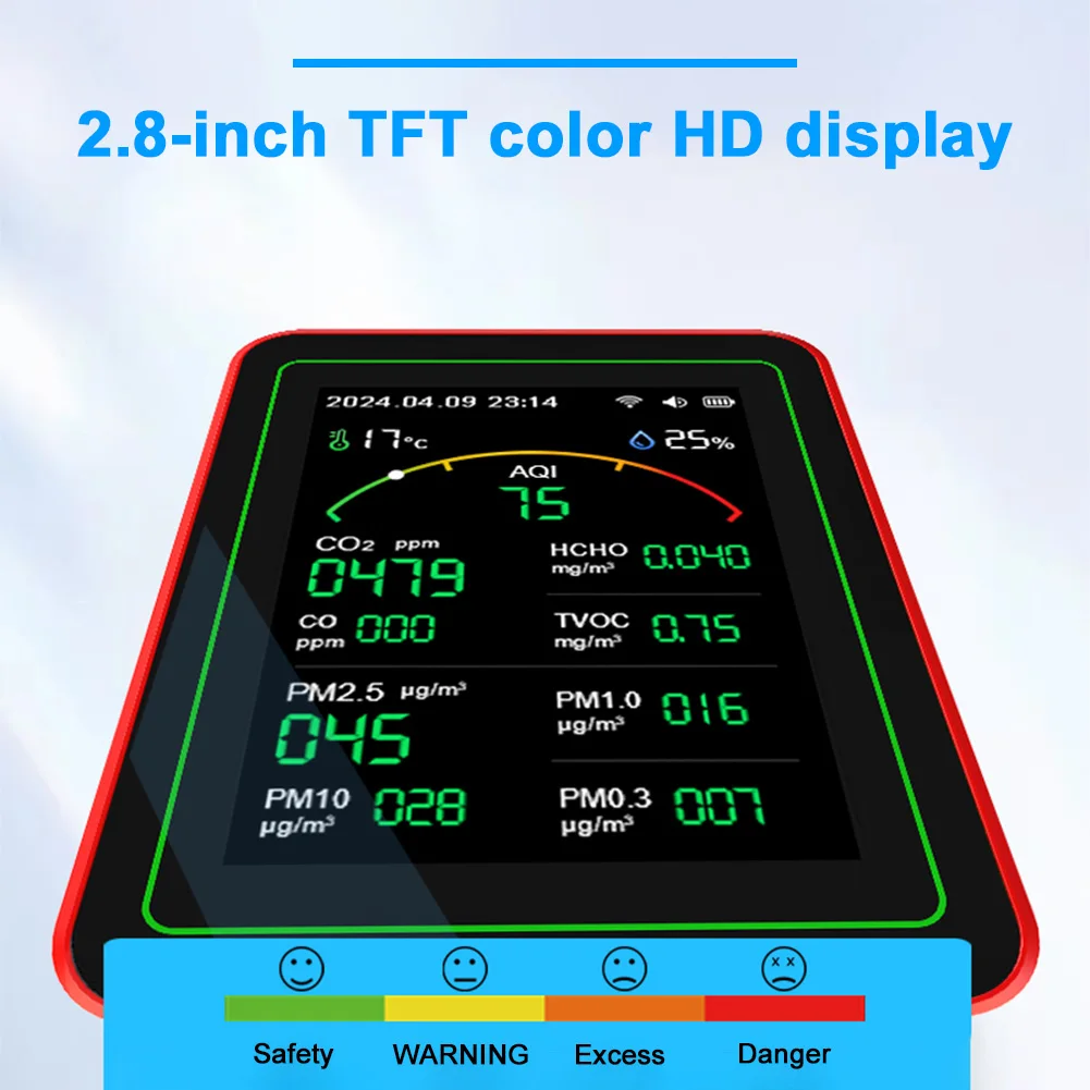 WiFi 15-in-1 แบบพกพา AQI PM0.3 PM1.0 PM2.5 PM10 เครื่องทดสอบจอแสดงผล TFT ในครัวเรือน CO CO2 TVOC HCHO เครื่องทดสอบ APP ควบคุม CO2 เครื่องตรวจจับ