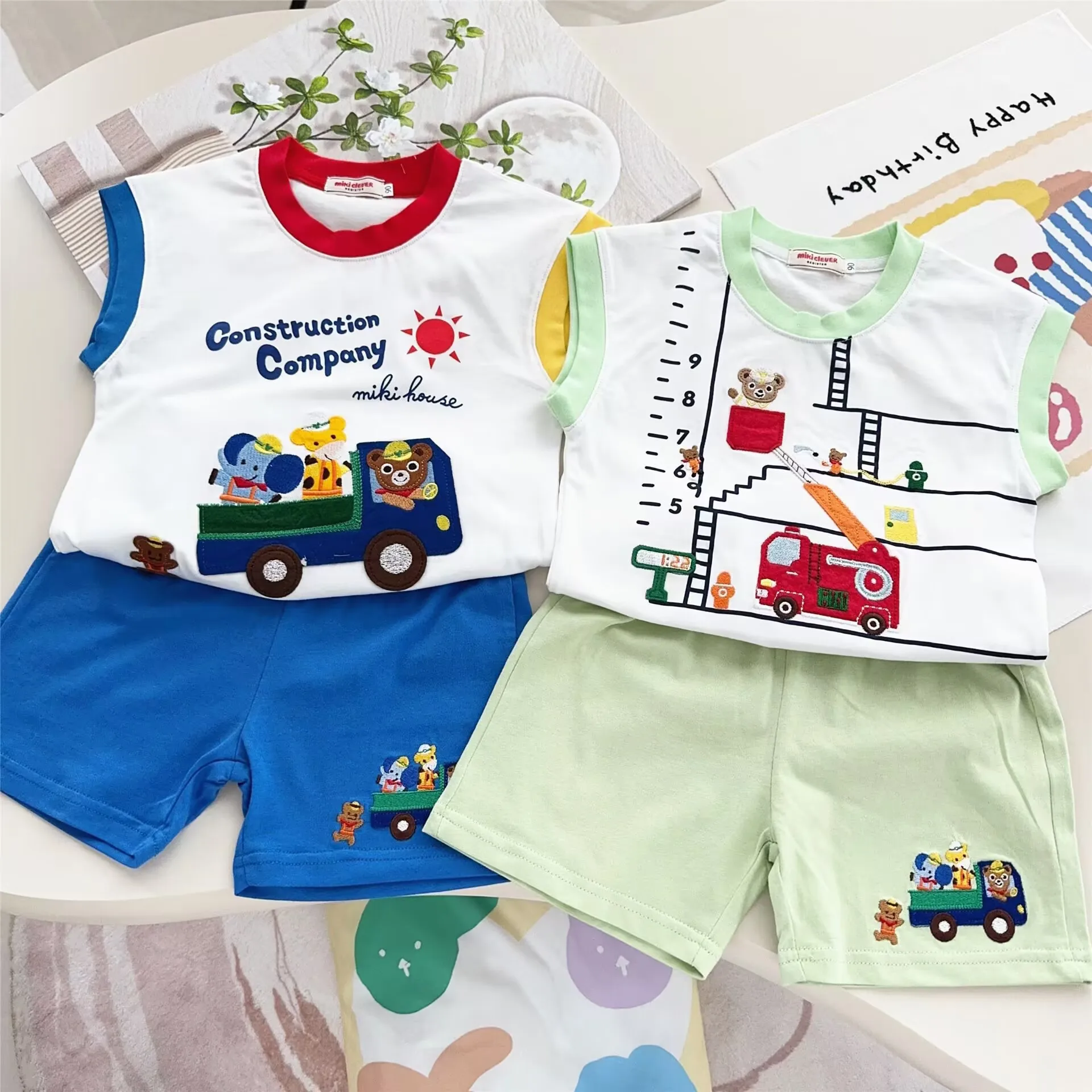 

2025 Kids Summer Clothes Set Boys Girls Construction Truck Printed Vest + Short Breathable High Quality Children Casual Clothes