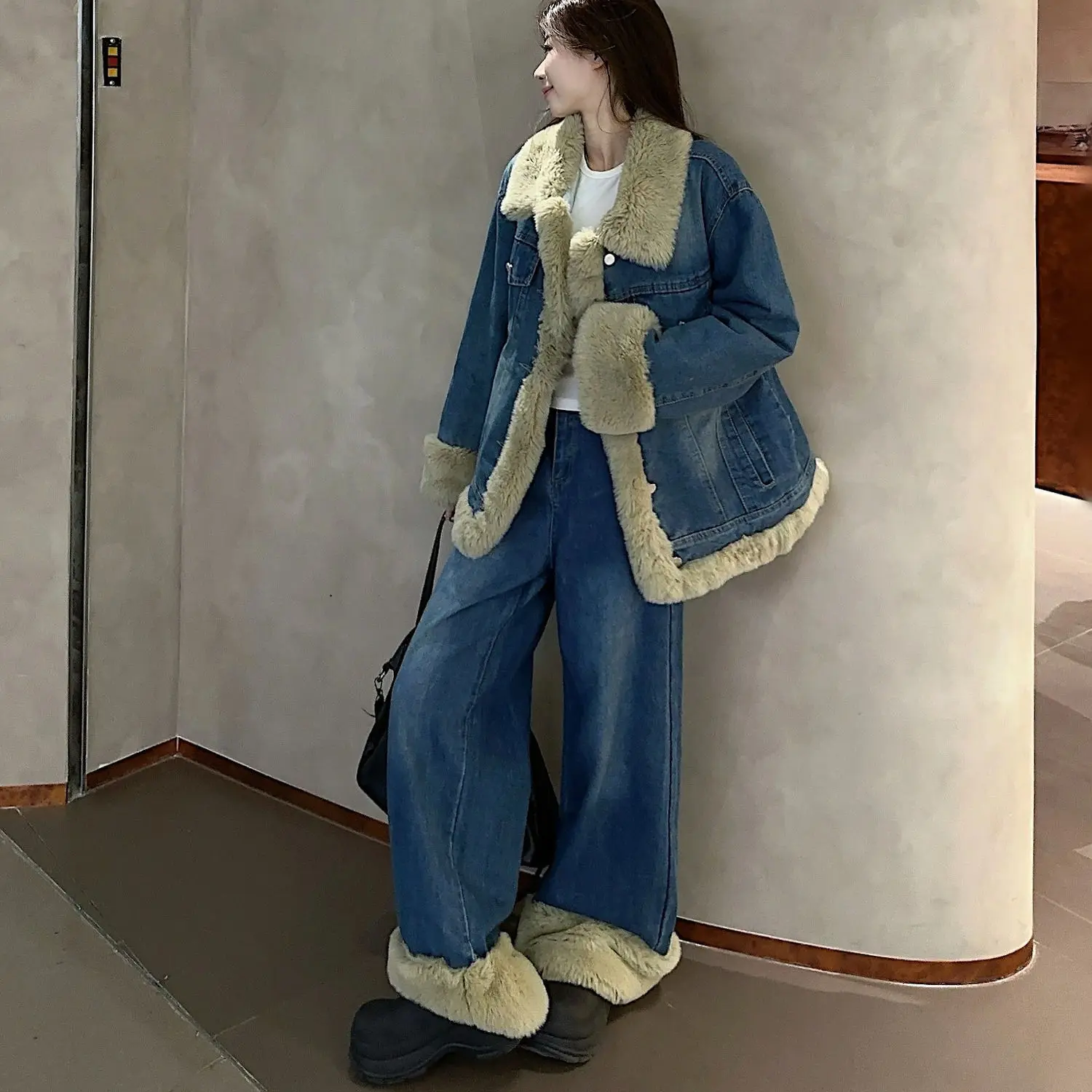 

Retro Single-Piece/Two-Piece Set Small Fragrant Style Denim Jacket Long Trousers Women Winter Design Niche Loose High-End Outfit
