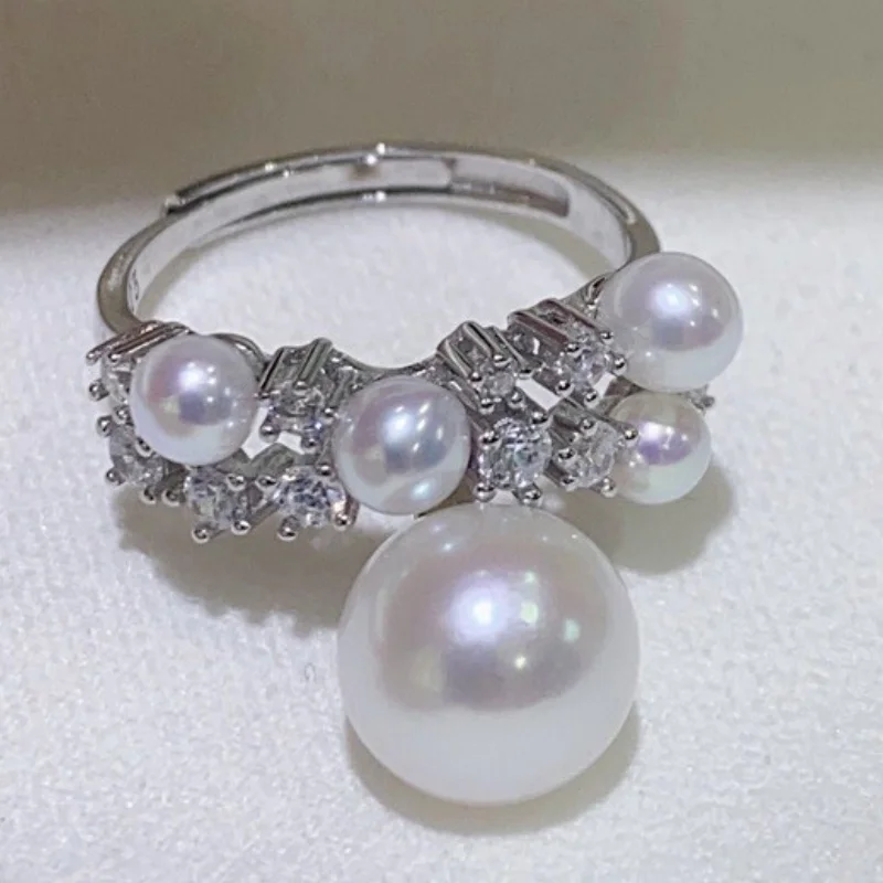 

SGARIT Trending Jewelry 3-9mm S925 Sterling Silver Setting Natural Freshwater Aurora White Round Pearl Ring Jewellery For Women