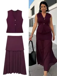 HH Women 2 Piece Set V-Neck Sleeveless Button Knitted Vest Top Side Zipper Midi Skirt Suit Female High Street Lady Outfits