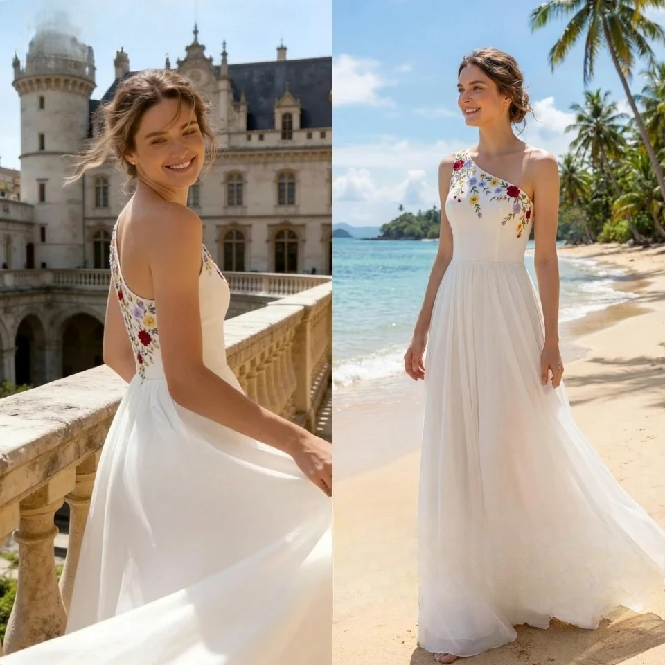 Vestido de Novia de Encaje Floral para Playa, Largo hasta el Suelo, 2026, Vestido Civil de Gasa, Estilo Boho, con un Hombro Descubierto, Personalizado