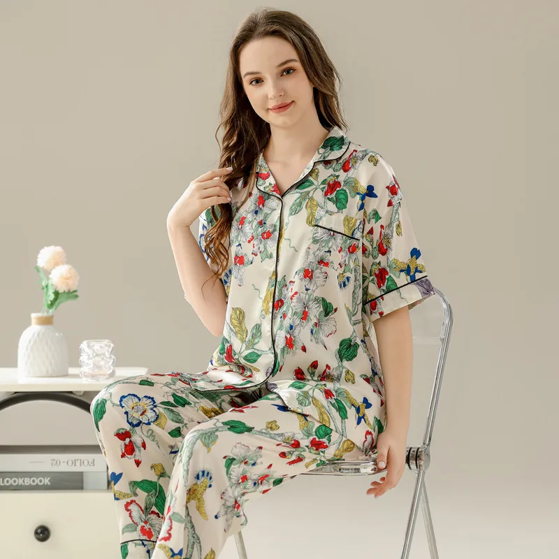 Sexy Short Sleeve Pajamas Set Shirt&Pant 2PCS Sleepwear Summer Printed Sleepwear Intimate Lingerie Loose Satin Home Clothes