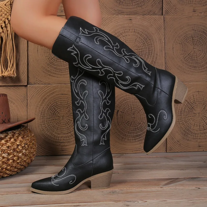 2026 New Pointed Toe Western High Heel Women's Knee High Boots Fashion Block Heel Embroidery Casual Comfort Boots for Women - view 6