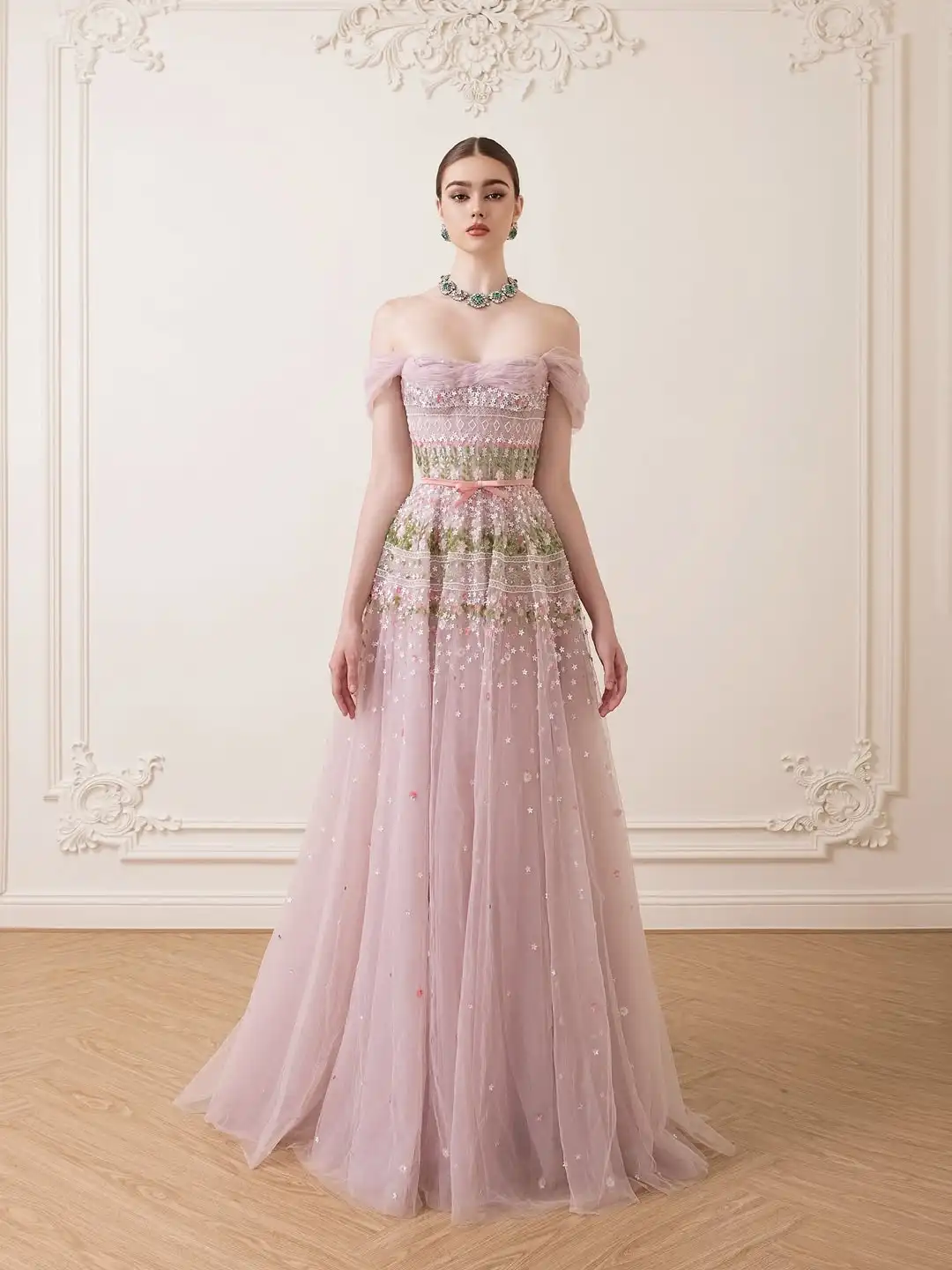 فستان سهرة فاخر مزين بالترتر من Ofherown مع فيونكة وشاح لافندر على شكل حرف a بدون أكتاف من التل فستان حفلات لحفلات الزفاف #2