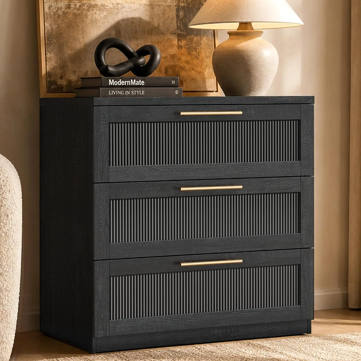 3-Drawer Dresser Modular Storage Cabinet Black Wood Grain Nightstand Wave-Panel Bedroom Living Room 31
