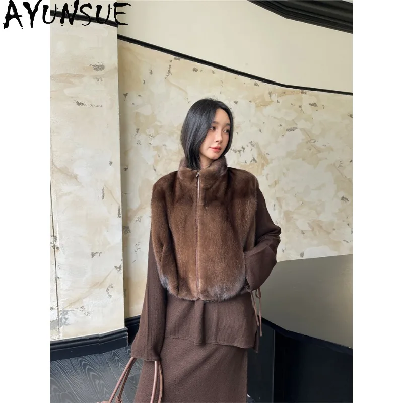 AYUNSUE Natural Mink Vest Women Winter Clothes Sleeveless Whole Mink Jacket Real Fur Woman Coats Short 2026 Шуба Натуральный Мех
