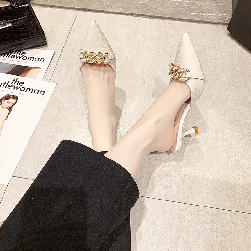 2024 Summer new fine heel sandal drag high-heeled Baotou half drag female external wear metal buckle pointed women's shoes