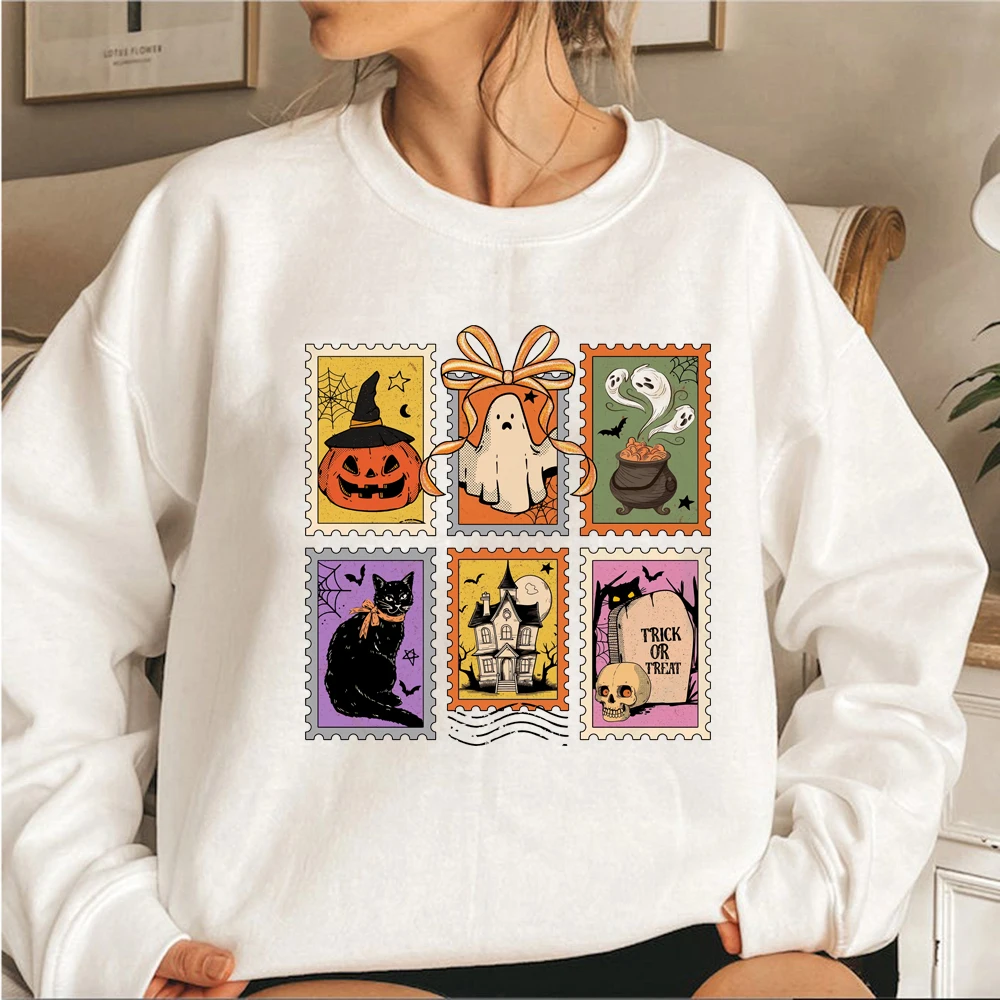 Retro Halloween Cat Ghost Sweatshirt Spooky Season Hoodie Unisex Casual Sweatshirts Pumpkin Halloween Pullover Streetwear Tops