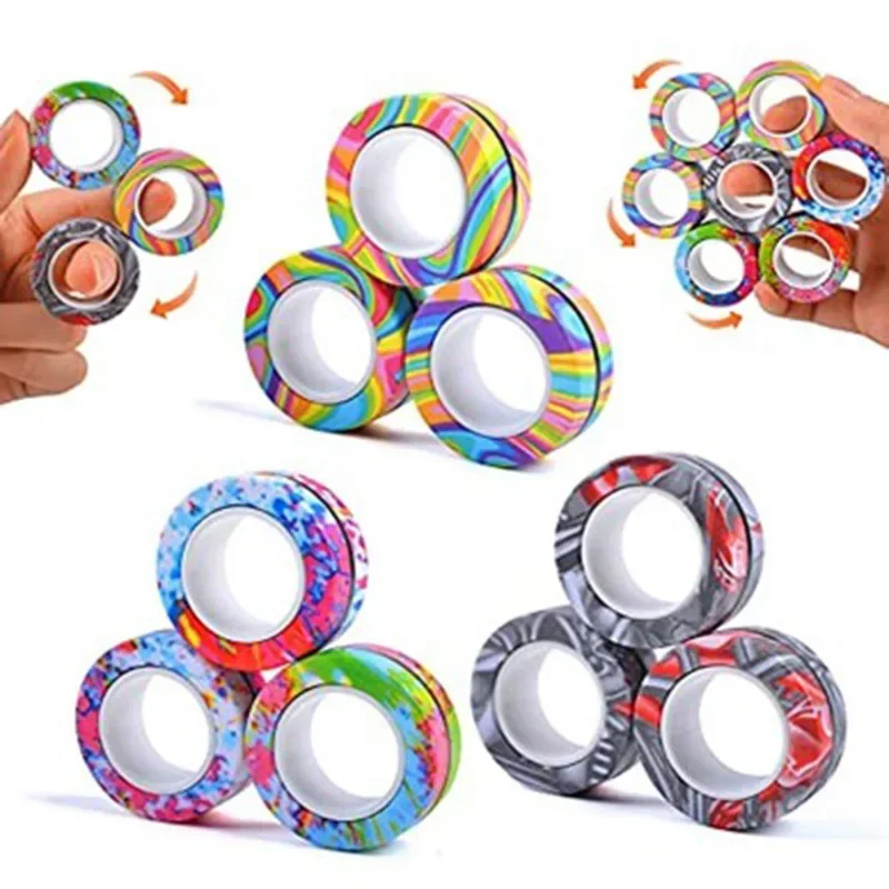 3PCS Fingertip Magnetic Rings Colorful Relief Fidget Toys Set for Adult Magnet Spinner Anti-stress Relieve Anxiety Toys for Kids