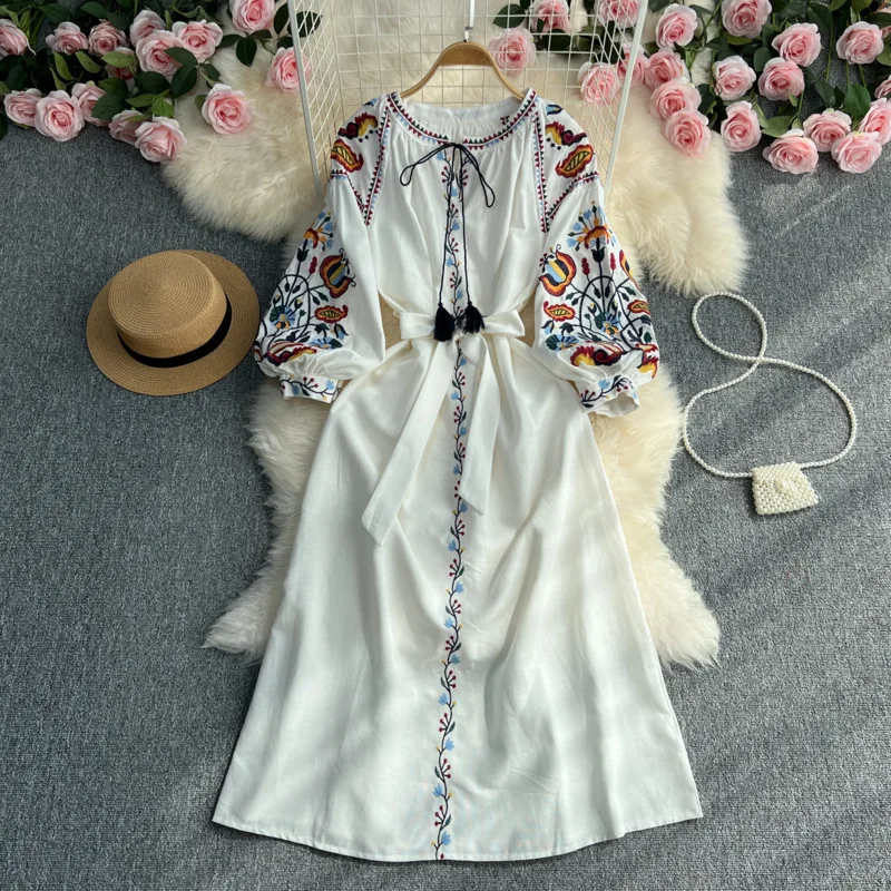 ヴィンテージエスニックランタンスリーブ自由奔放に生きる刺繍ドレス 2025 女性春秋 O ネック A ラインミディドレスコットンリネン Vestidos