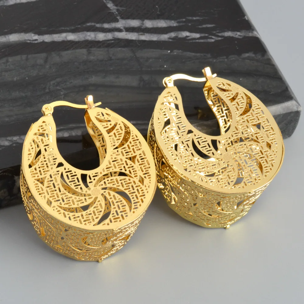 

Dubai Gold Color Flower Big Drop Earrings Fashion Statement Hollow Out Earring For African Wedding Engagement Party Gifts