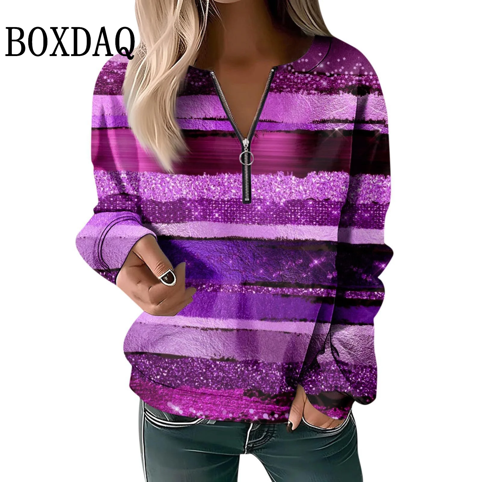 مخطط سستة الخامس الرقبة شارع العليا امرأة طويلة الأكمام البلوز الخريف اللون منعت مطبوعة المرأة بلايز ملابس كاجوال فضفاضة