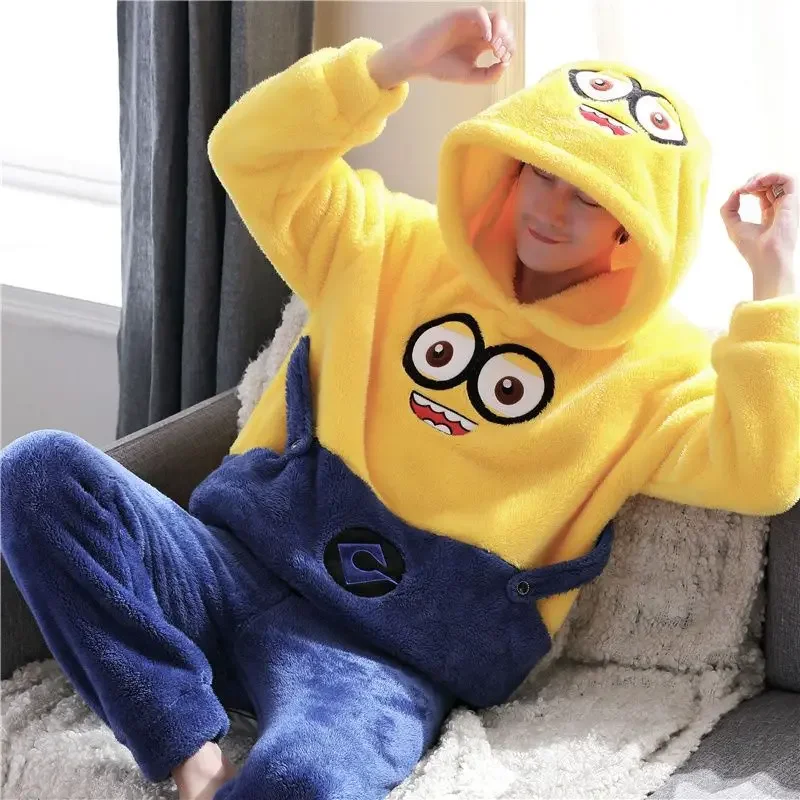 Despicable Me Minions Anime Peripheral Cartoon Cute Plush Warm Hooded Pajamas Kawaii Autumn and Winter Home Clothing Gifts