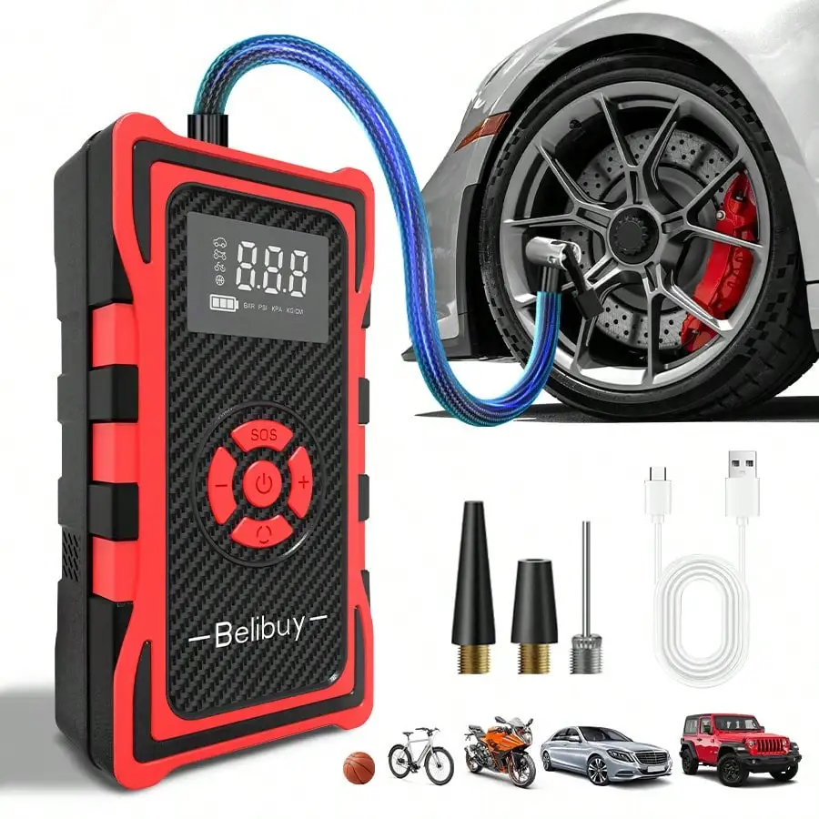 Portable Tire Inflator Air Compressor, Cordless Fast Inflation Pump With Digital Display & MultiNozzle Adapters, Built-In Long-Lasting Lithium Battery, For Car Motorcycle Bike Tires & Balls,Auto Accessory