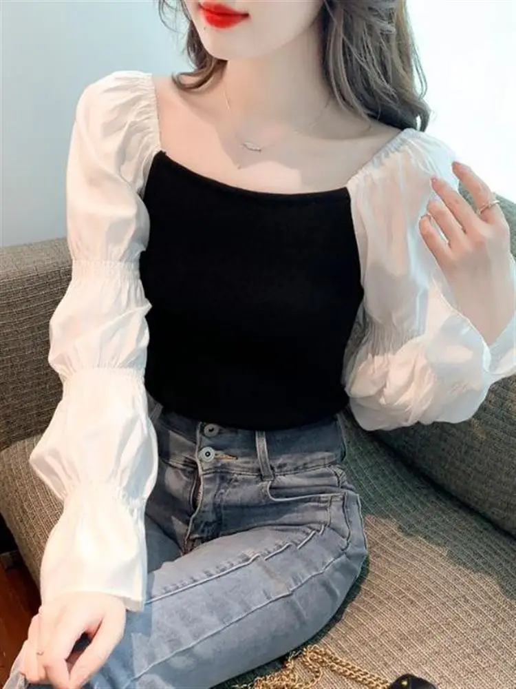 

Sweet Korean Sle Splice Bubble Sve ort a Knitted Chiffon Base Top Women's Faion Lace irt Autumn New Arrival