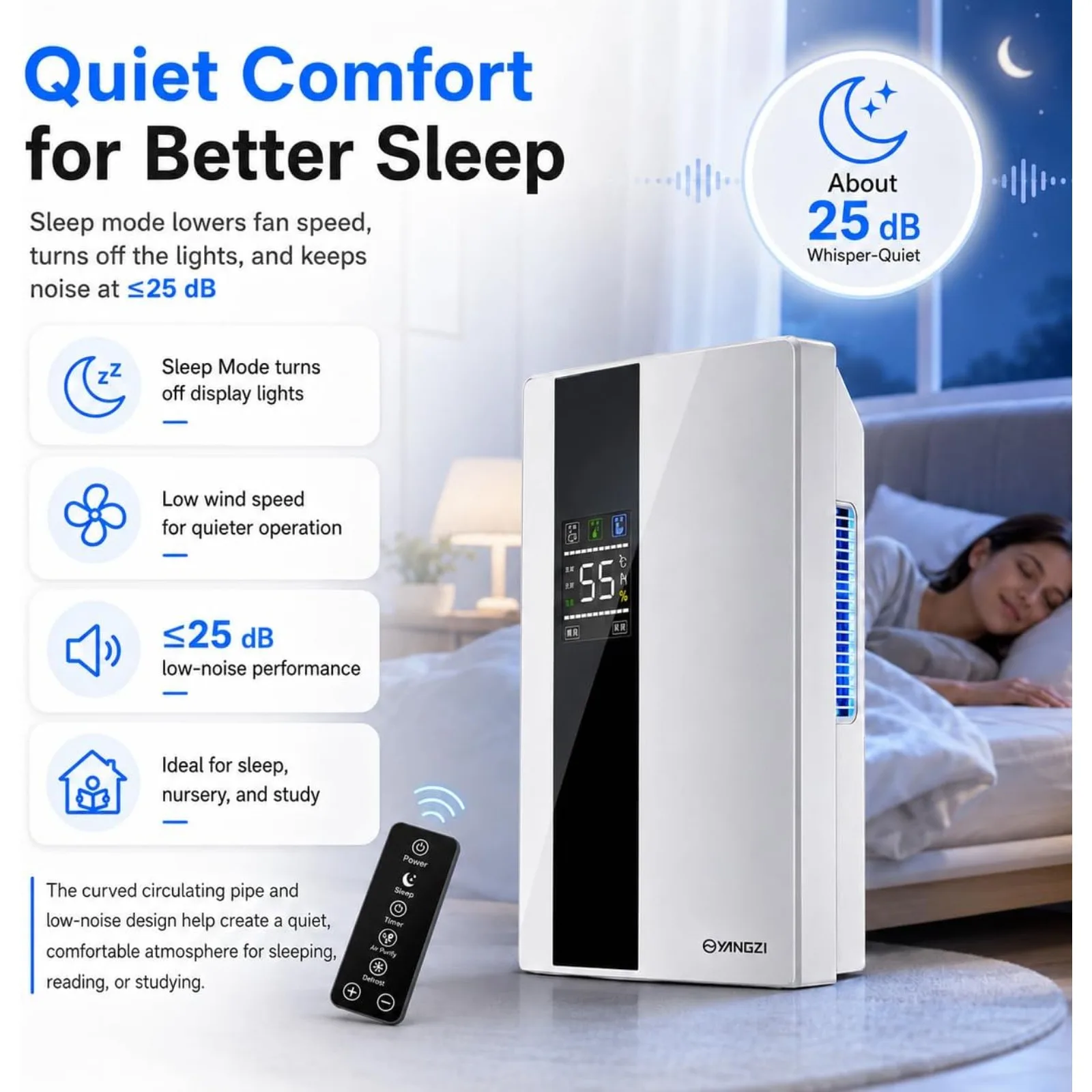 Quiet Intelligent Portable Dehumidifier with Remote Control & Water Hose, 120W Efficient Dehumidifier Suitable for 323 Sq.ft Space, Small Dehumidifier for Bedroom Bathroom Basement Closet RV Home Use