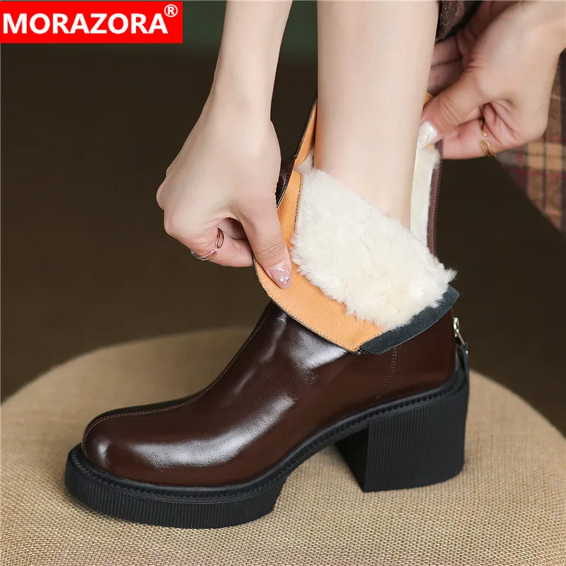 MORAZORA 2024 New Top Quality Nature Wool Snow Boots Genuine Leather Ankle Boots Woman Zipper Ladies Platform Winter Boots