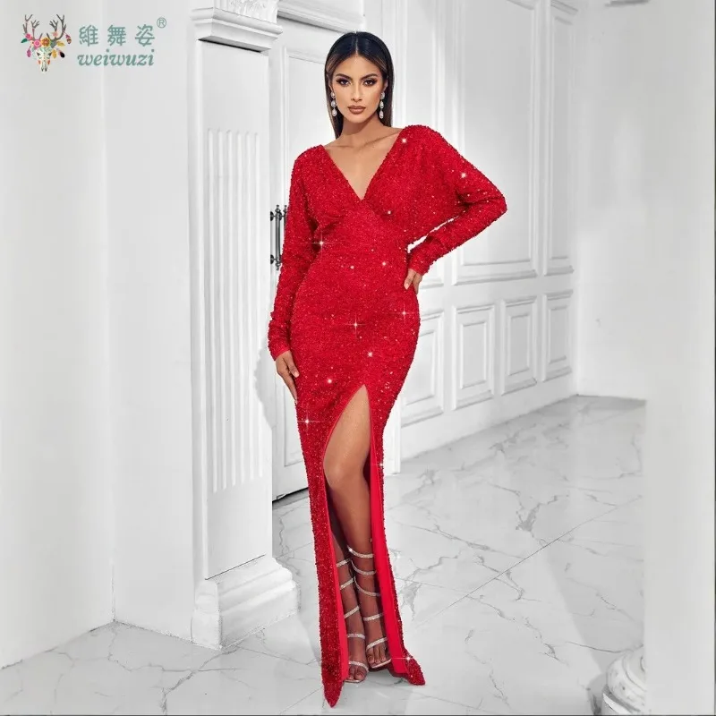 

Autumn New Red Long Sleeved Waist Cinched Evening Dress Sexy V-neck Sequin Embroidered Side Slit Cocktail Party Evening Dress