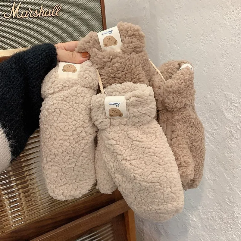 Women's Kawai Bear Autumn Winter Riding Fleece Thickened Warm Winterproof Lamb Fleece Bear's Label Gloves Fashion Color Simple