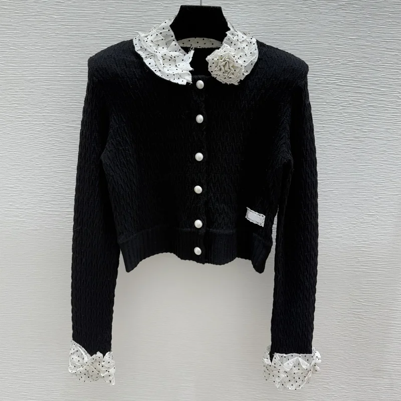 

High-quality dotted lace collar court-style women's cardigan French elegance and gracefulness sweater luxury 251004130