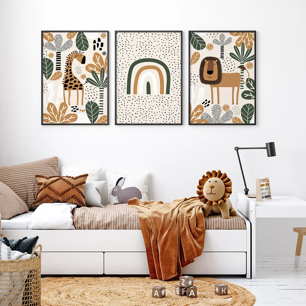 Safari Jungle Animals Lion Poster Canvas Painting Boho Green Nursery Wall Art Print Child Room Picture Nordic Kids Bedroom Decor