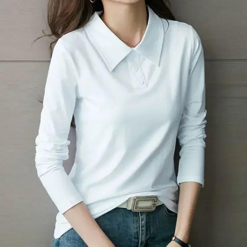 High Quality T-shirts 100℅ Cotton Female Tee Long Sleeve With Collar Korean Popular Clothes Basic Pretty Original Women\'s Polo