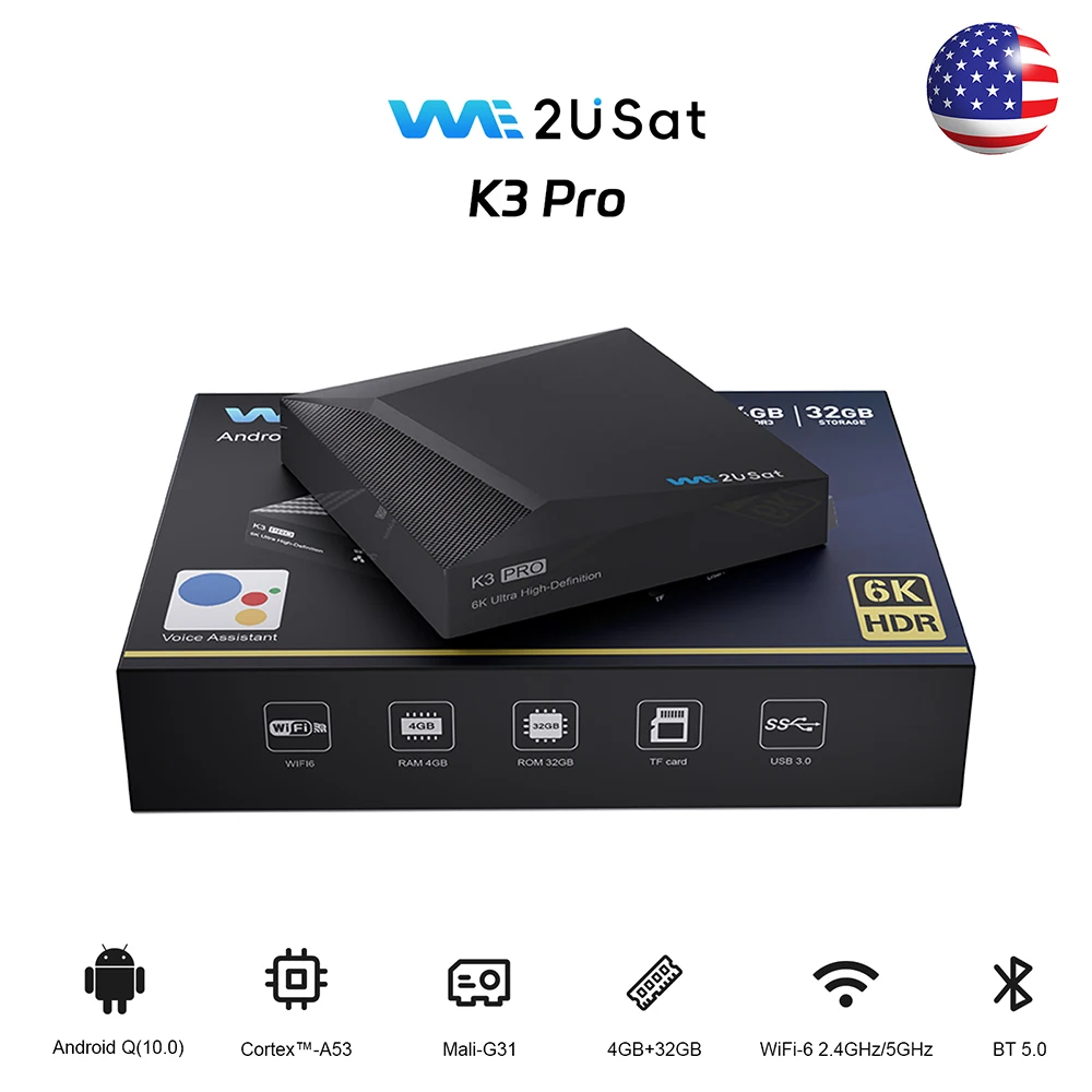 

We2uSat K3 Pro 6K HDR Android Q (10.0) TV Box H.264/H.265 10bit Build in WiFi-6 2.4GHz/5GHz+BT 5.0 4+32GB suitable for the US