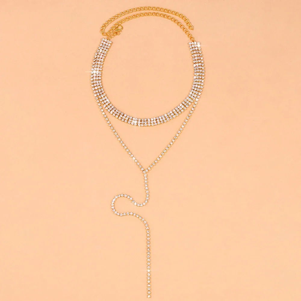 Black Rhinestone Long Tassel Choker Necklace for Women Accessories Fashion Crystal Chain Double Layer Necklace Wedding Jewelry